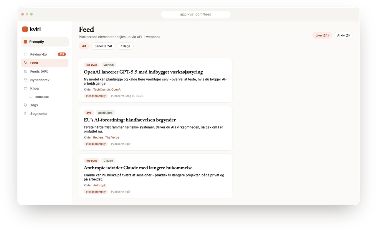 kvirls feed med publicerede nyheder, navngivne kilder og feed-status