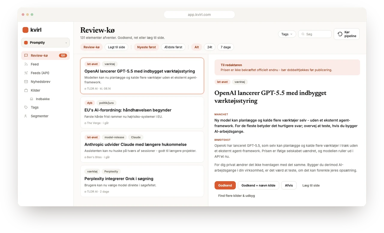 kvirls review-kø: godkend, ret og udgiv nyheder i din husstemme